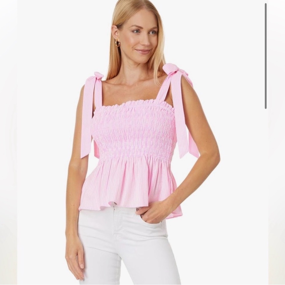 Smocked Tie-Shoulder Peplum Tank Top - Pink